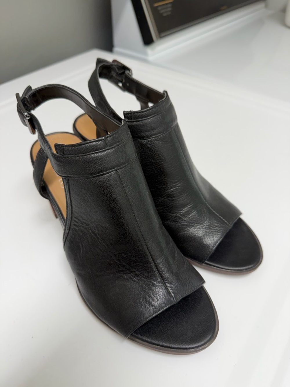 Franco Sarto Black Leather Open-Toe Slingback Mules